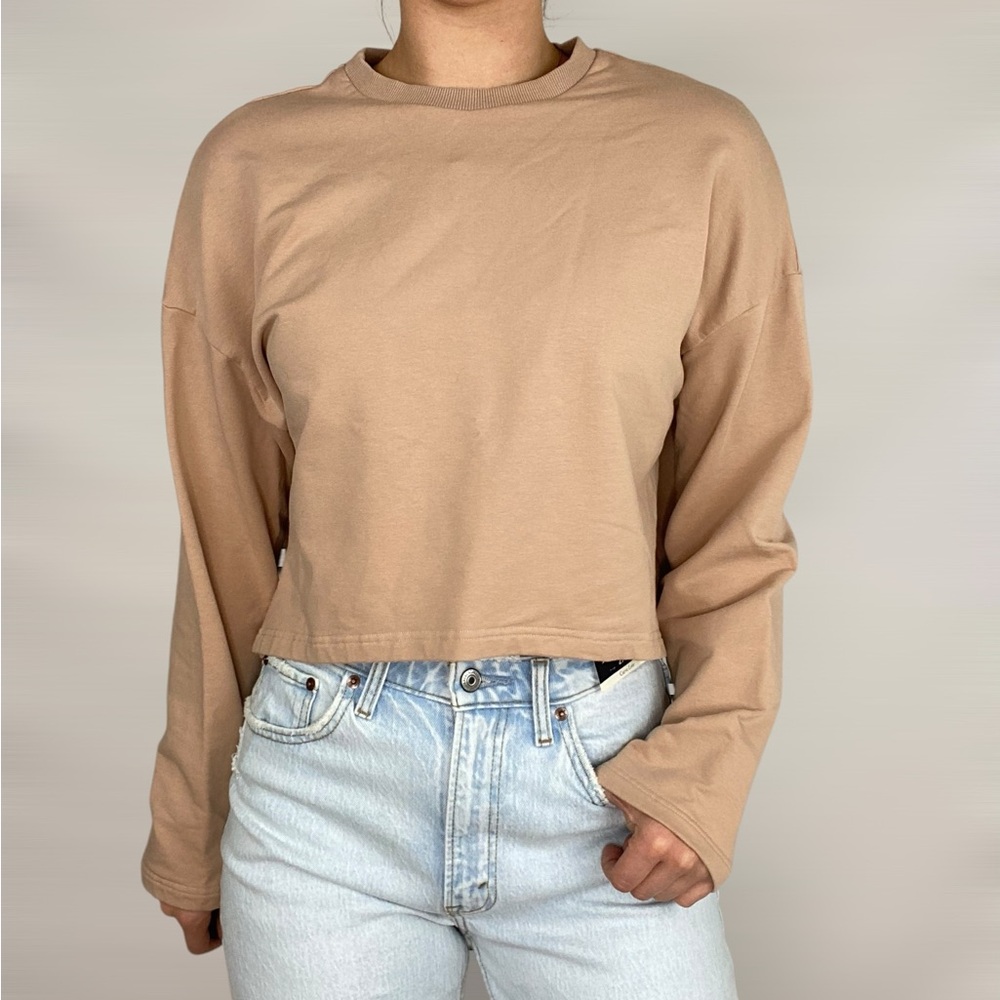 NAP Loungwear Repose Cropped Sweatshirt Crewneck‎ Long Sleeve Tan Casual